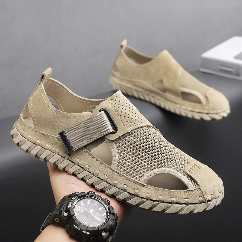 包头凉鞋男夏季新款镂空网面男鞋凉拖鞋大码开车鞋手工缝线沙滩鞋