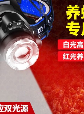 养蜂工具led红光头灯养蜂专用红色可充电超亮变焦头戴式超长续航