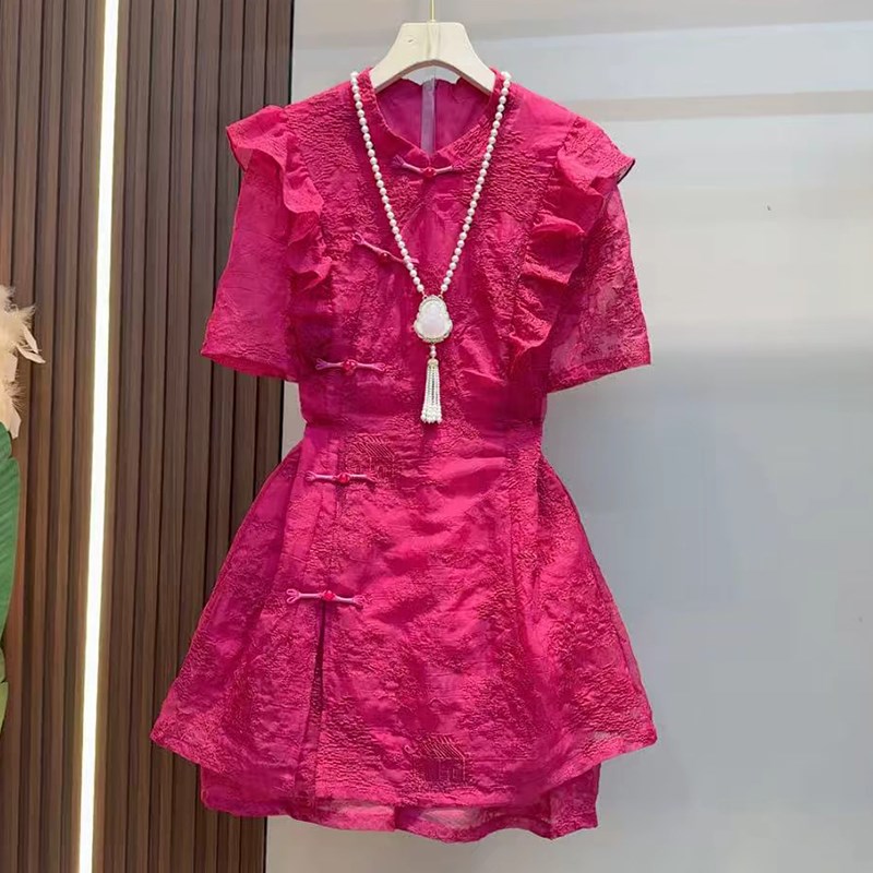 新中式国风套装收腰半袖木耳边上衣胖妹妹短袖衬衫裙子短裤两件套