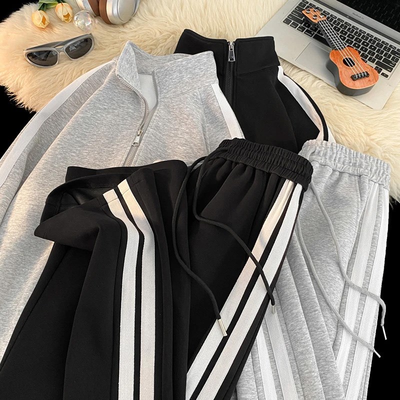 条纹拼接撞色休闲运动套装男女款青少年开衫卫衣直筒卫裤两件套潮