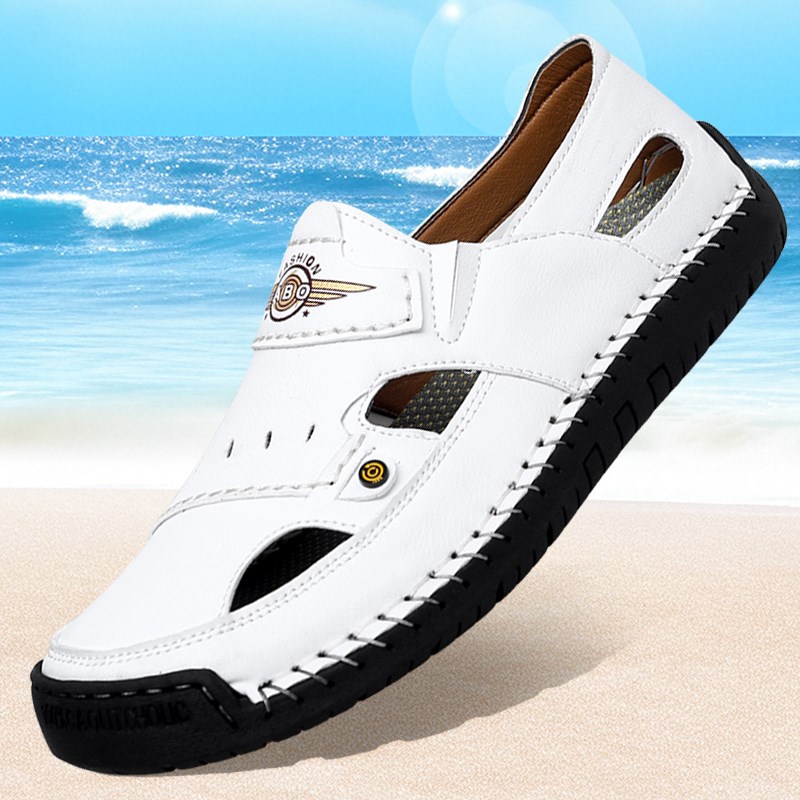 2025新款夏季真皮镂空懒人凉皮鞋男士软底休闲洞洞鞋透气小白鞋男