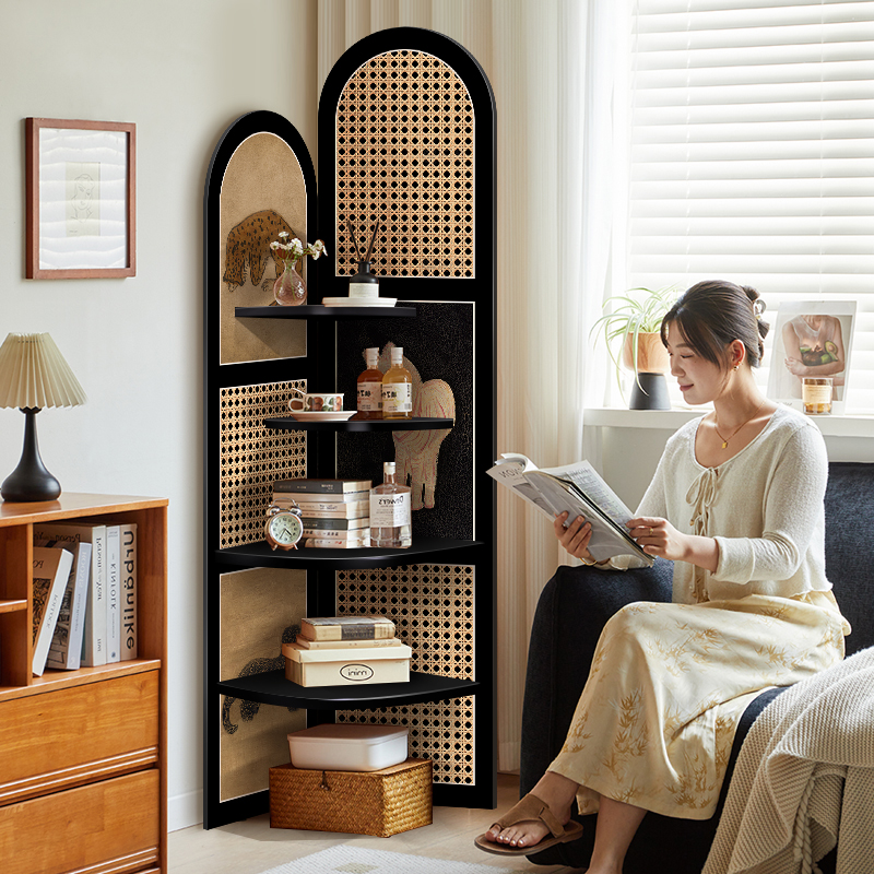 客厅转角置物架复古墙角摆件拐角多层收纳柜中古风竖版落地三角柜