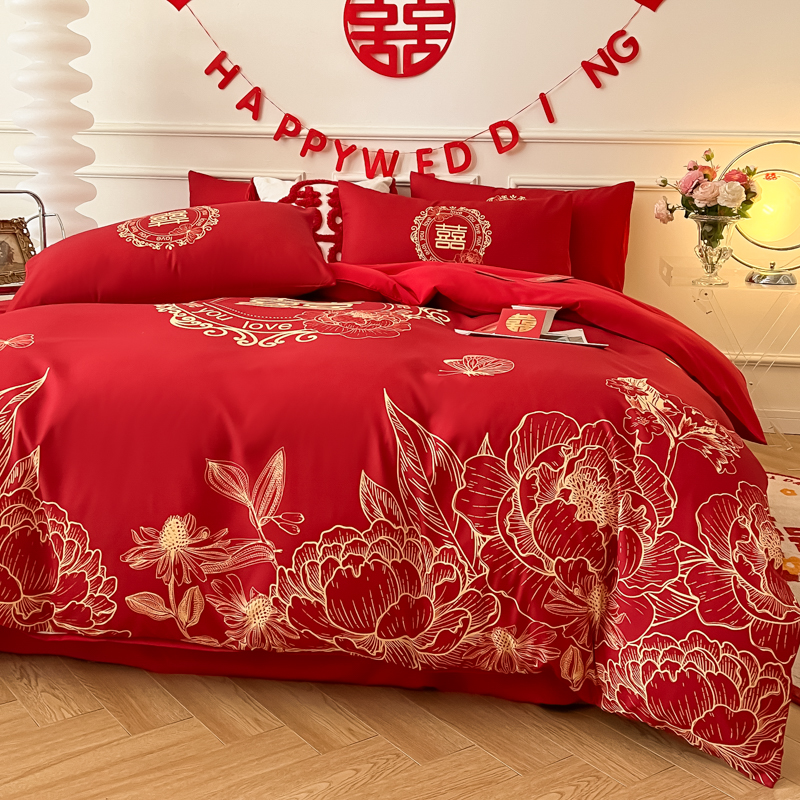 婚庆四件套纯棉大红色高级感被套床单全棉新婚房喜被结婚床上用品
