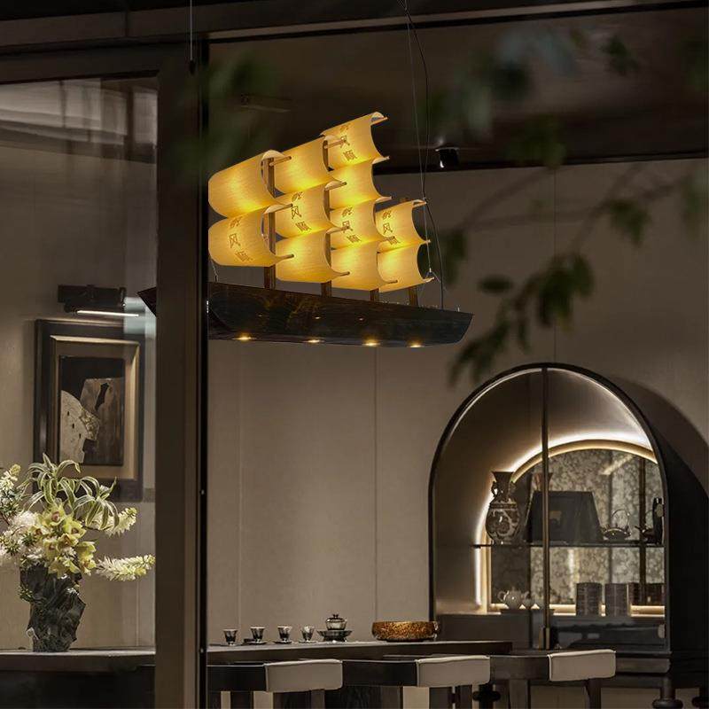 新中式实木古渔船一帆风顺长条禅意茶室吊灯民宿宴会厅前台吧台灯,家装灯饰光源,智能吊灯,淘宝优惠券,粉丝福利购,淘宝优惠卷
