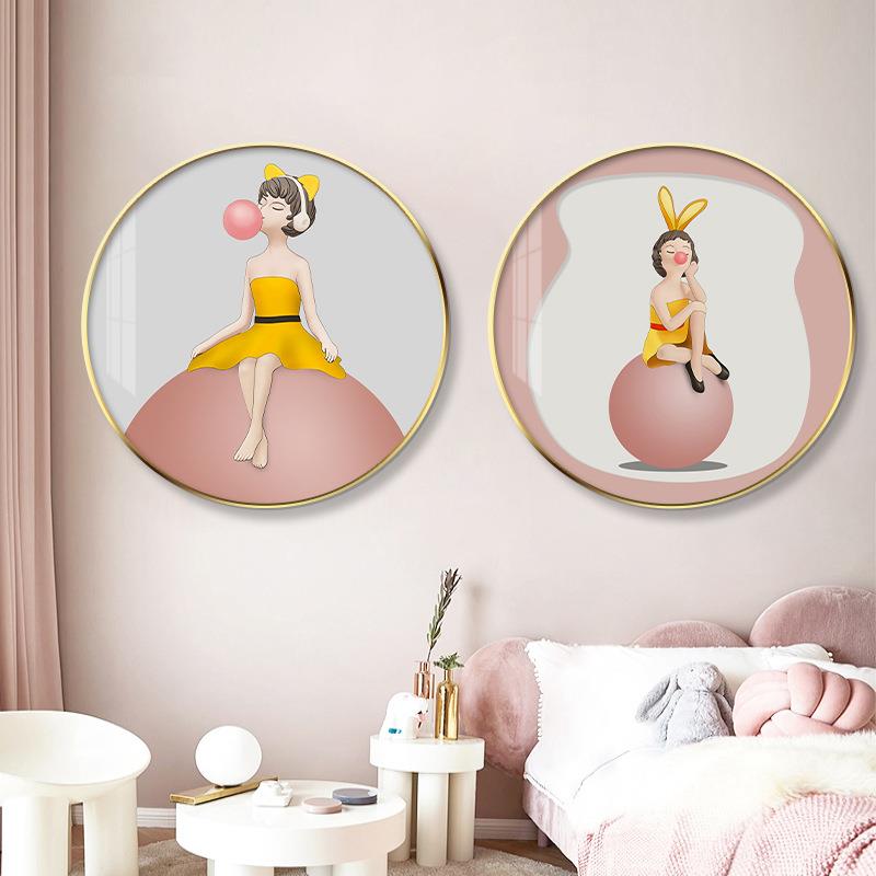 轻奢儿童房装饰画圆形公主房少女床头挂画可爱女孩温馨卧室壁画