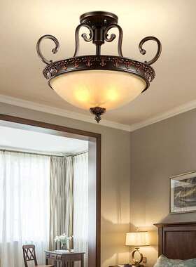 简约美式餐厅灯乡村铁艺卧室灯欧式复古书房半吊创意LED吸顶灯具