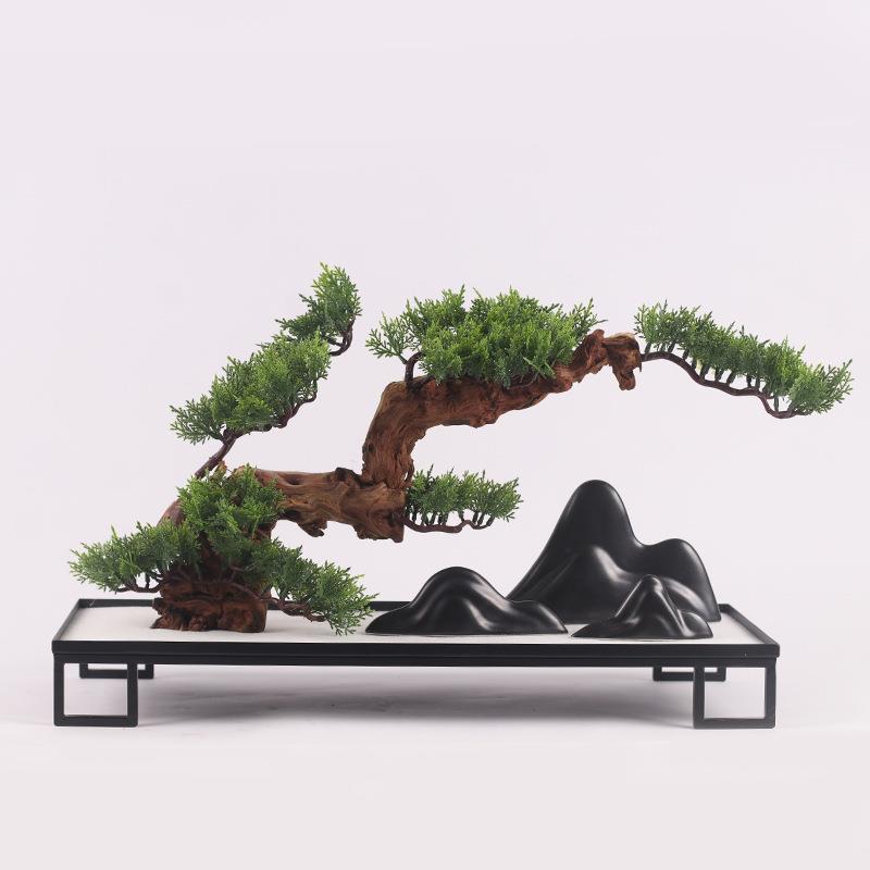 新中式仿真迎客松罗汉松柏树盆景软装样板房间山石玄关微景观摆件
