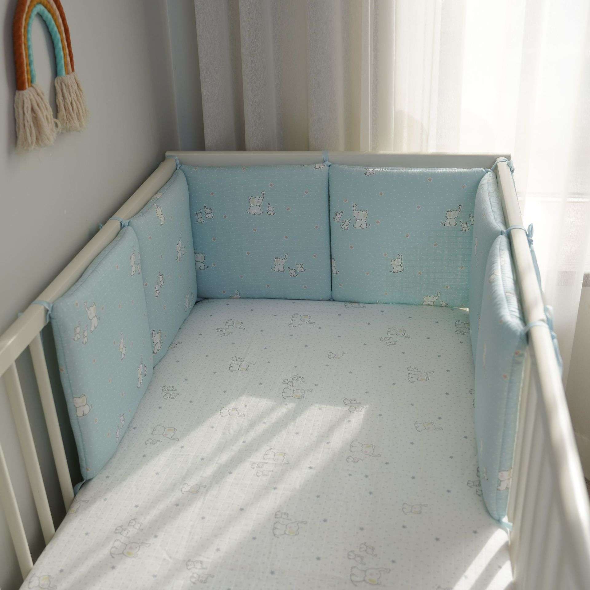 婴儿床围新生儿床上用品套件纯棉防撞围栏纱布蓝小象30*30整片洗