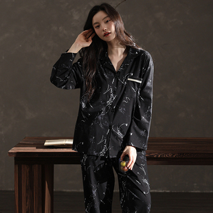 春秋冬季开衫翻领莱卡棉睡衣女长袖纯棉黑色宽松休闲家居服女套装