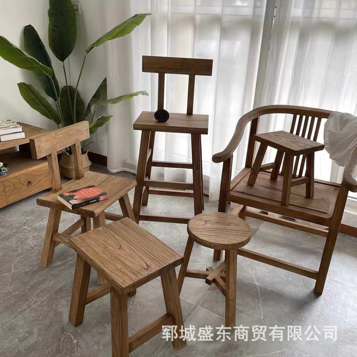 做旧复古风老榆木凳子禅意实木餐椅中式老门板家用餐厅用餐椅