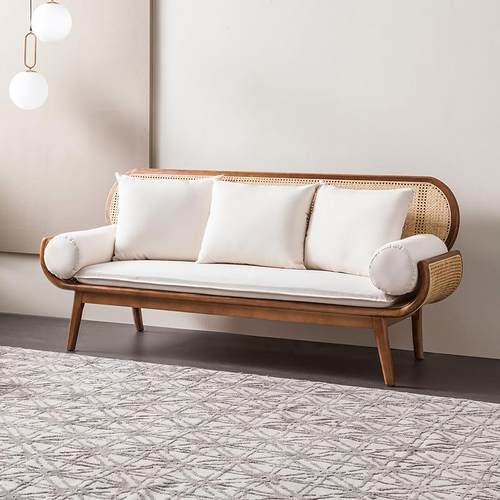 北欧风格设计师三人位实木长椅民宿家具客厅阳台现代简约藤编沙发