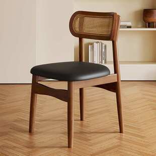 复古实木藤编靠背餐椅北欧侘寂风家用餐厅椅软包坐垫民宿休闲椅