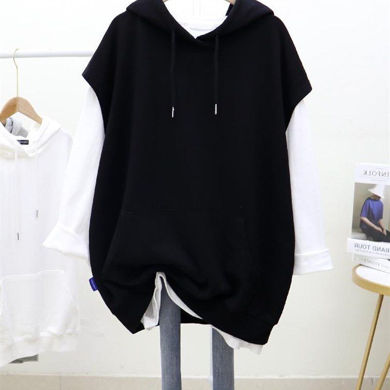 300斤大码春秋季简约中长款纯色百搭无袖拼接连帽马甲卫衣外套女