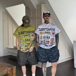 白鹤大人美式重磅380g纯棉扎染标章印花T恤男女做脏破洞短袖上衣