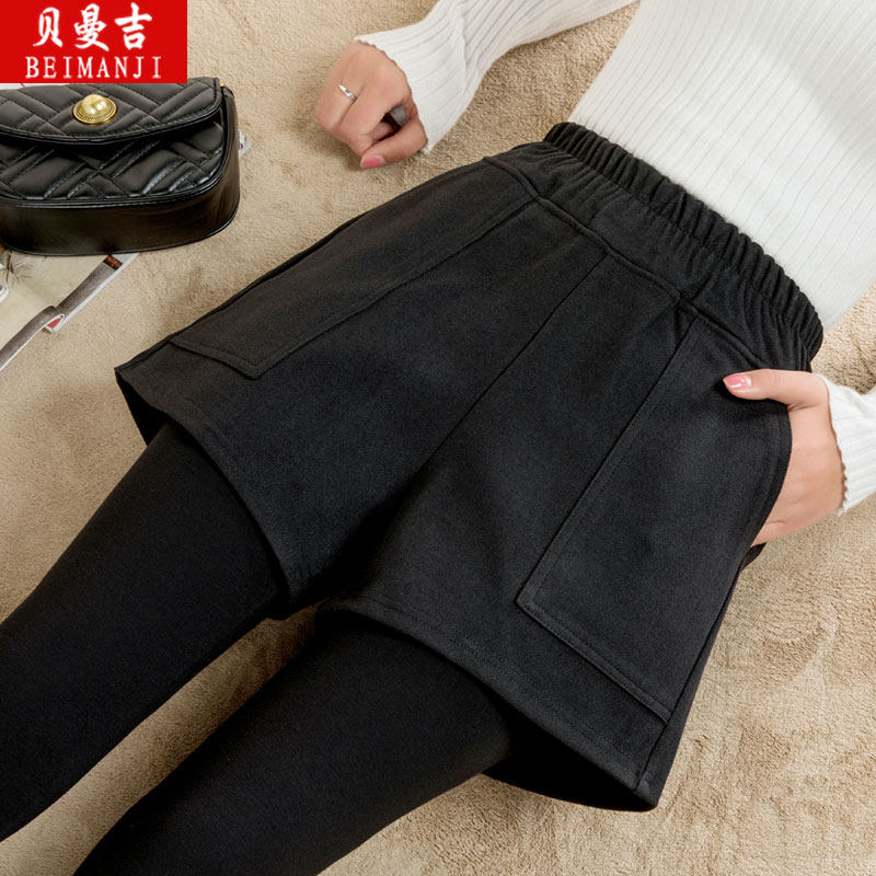 假两件打底裤女毛呢短裤纯棉裤子春秋冬薄款外穿高腰弹力加绒加厚