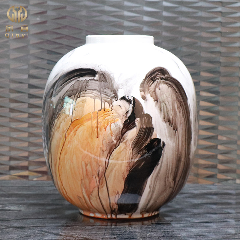 新中式样板房玄关创意手绘花瓶禅意摆件客厅博古架电视柜软装摆设