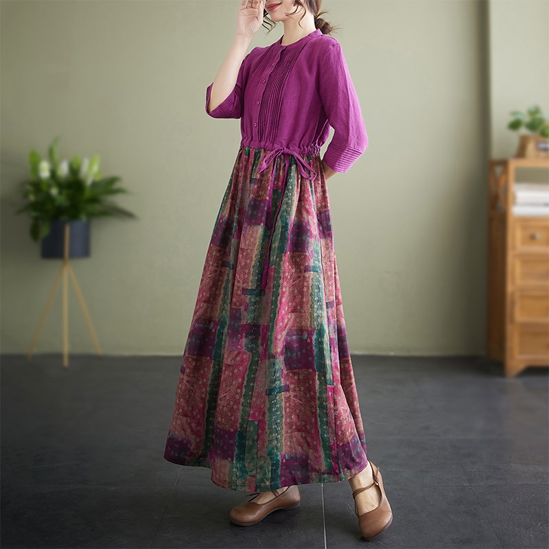 夏季新款棉麻文艺复古拼接长连衣裙女撞色玫红摆裙子高腰腰带抽绳