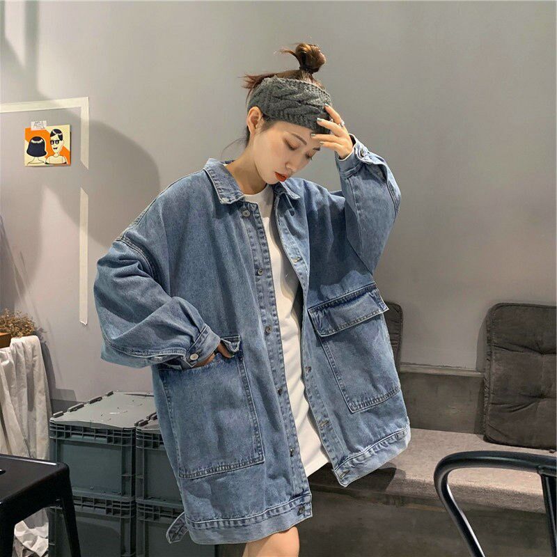 牛仔外套女春秋韩版百搭学生新款BF长袖复古中长款工装宽松上衣女