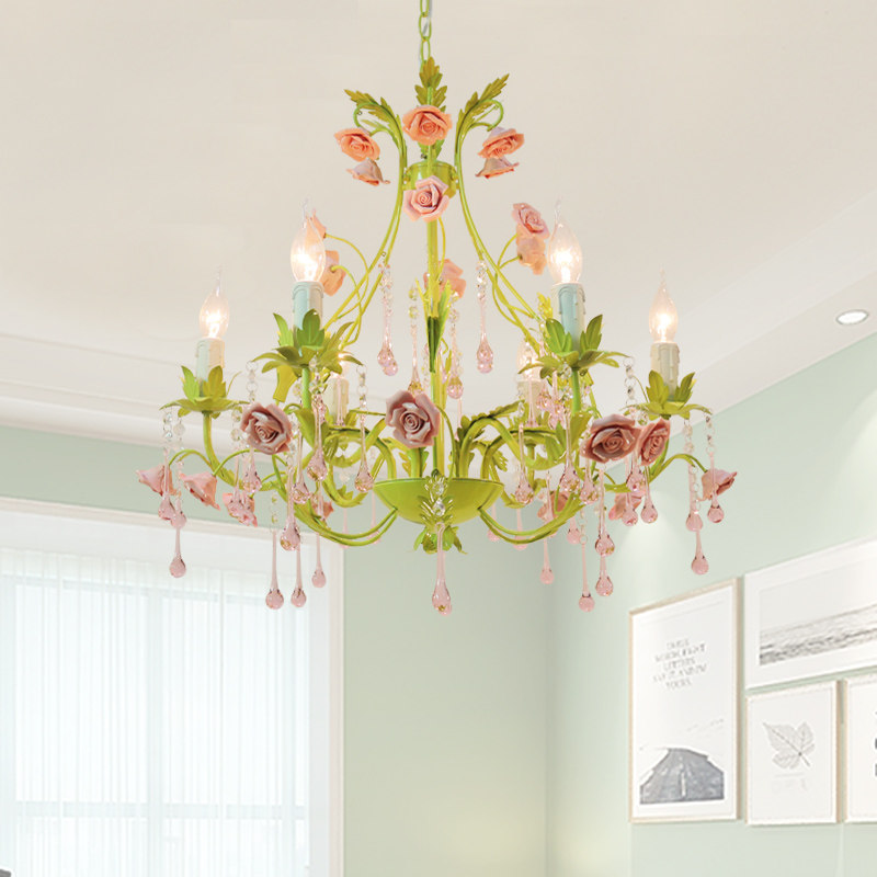 绿色田园水晶轻奢吊灯铁艺客厅餐厅灯饰温馨女孩卧室玫瑰吊坠灯具,家装灯饰光源,客厅吊灯,淘宝优惠券,粉丝福利购,淘宝优惠卷