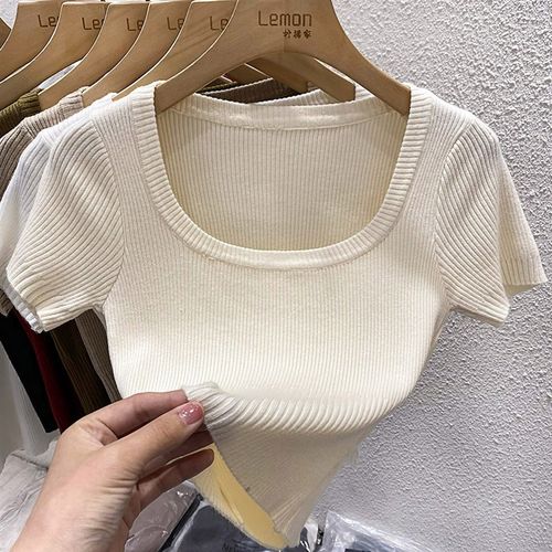 2023薄款针织衫女夏季短款短袖T恤方领修身打底衫设计感小众上衣