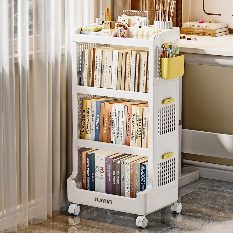 书架置物架落地家用简易多层带轮儿童玩具收纳阅读移动小推车书柜