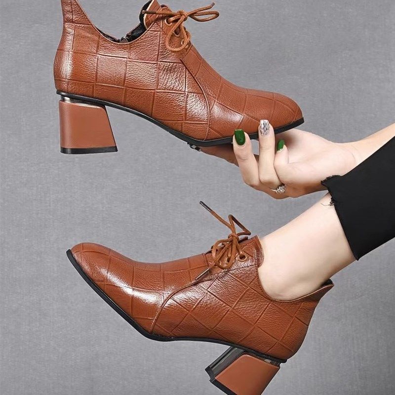 2023年春秋新款真皮包鞋中跟系带小皮鞋深口粗跟软皮女鞋百搭短靴,女鞋,深口单鞋,淘宝优惠券,粉丝福利购,淘宝优惠卷
