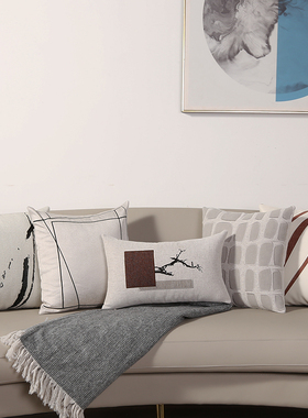 现代新中式沙发抱枕靠枕样板房红灰色刺绣腰枕北欧简约靠垫靠包套