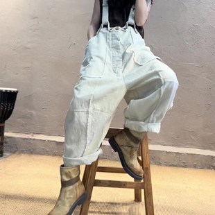 舒适百搭休闲阔腿裤 白色宽松显瘦工装 新款 女2025夏季 风棉麻背带裤