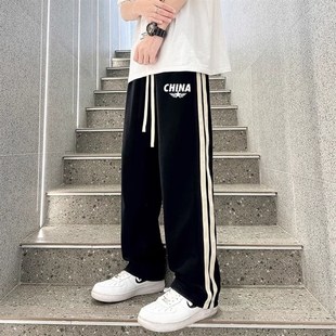 高街阔脚情侣运动长裤 条纹双杠休闲裤 夏季 宽松直筒校裤 子男薄款