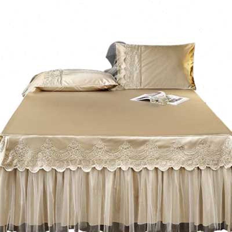 欧式床裙式床罩纯色刺绣蕾丝纱花边床单1.5米1.8x2.0床套夏季防滑