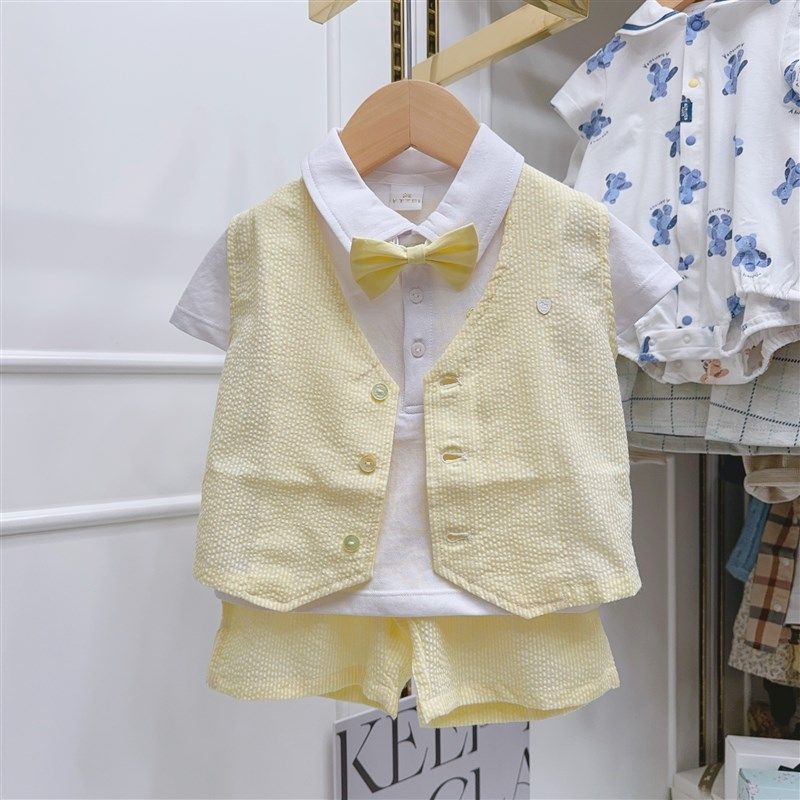 韩国童装 25夏款男童宝嫩黄色可爱绅士马甲短袖衬衣帅气三件套装,童装/婴儿装/亲子装,套装,淘宝优惠券,粉丝福利购,淘宝优惠卷