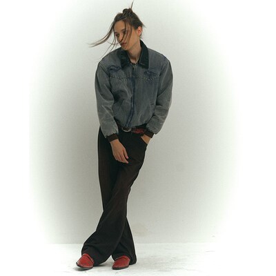 4TRA 水洗破坏铆钉翻领西部夹克 秋冬季做旧外套保暖加厚棉服