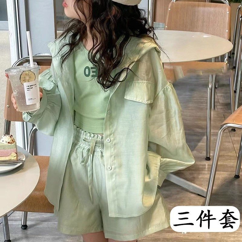 女童夏季连帽防晒衣套装2025新款背心儿童宽松外套短裤三件套,童装/婴儿装/亲子装,套装,淘宝优惠券,粉丝福利购,淘宝优惠卷