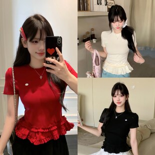 纯欲甜辣妹花边下摆圆领正肩短袖 胖mm弹力百搭显瘦上衣 T恤女夏季