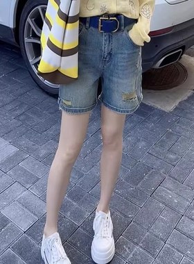 大码高腰薄款破洞牛仔短裤女夏胖mm梨型身材宽松显瘦a字四分裤子