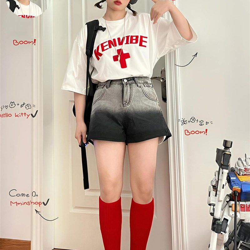 大码女装胖mm美式渐变高腰显瘦阔腿牛仔短裤女黑色休闲百搭热裤子,女装/女士精品,大码裤装,淘宝优惠券,粉丝福利购,淘宝优惠卷