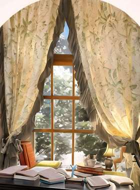 美式田园绿色荷叶边半帘法式洛可可复古门帘客厅阳台儿童清新窗帘