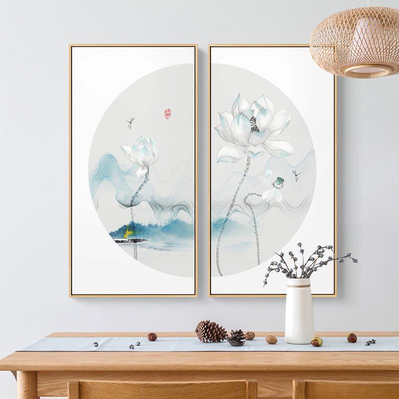 新中式客厅装饰画两联荷花餐厅背景画半圆组合玄关中国风书房挂画