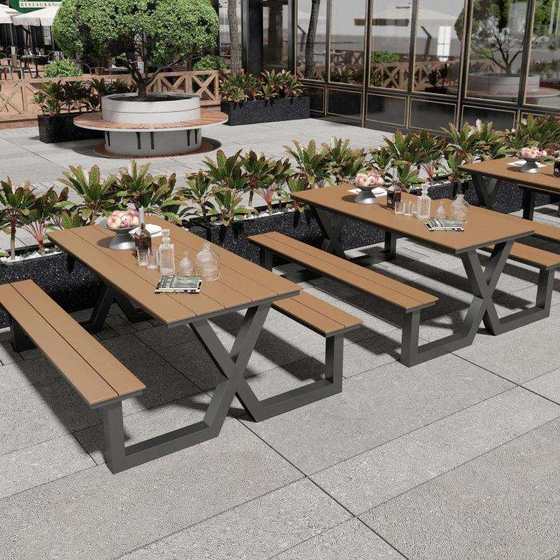 户外长方形铁艺连体公园现代简约花园庭院景区外长凳广场桌椅组合