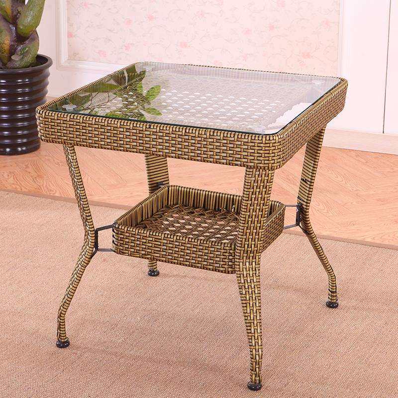 0A方形茶几阳台家用藤编钢化玻璃桌子休闲桌户外餐桌打牌编织洽谈