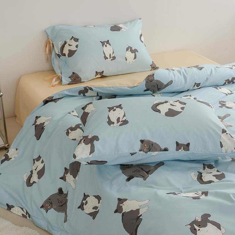 猫猫开会a 原创蓝猫100支全棉四件套单人三件式床单被套床笠棉卡