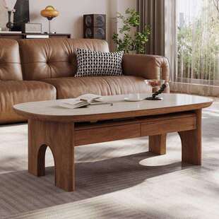 茶几客厅家用中古风岩板茶桌胡桃色感轻奢现代极简复古茶台