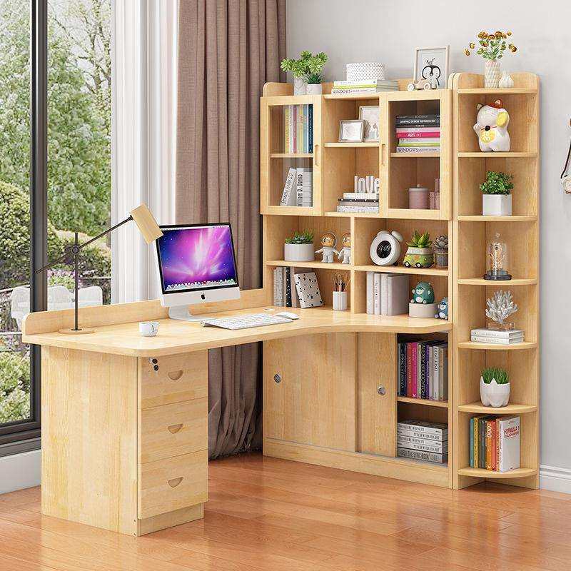 转角儿童小户型书桌书架一体桌写字桌学生家用实木组合书柜学习桌
