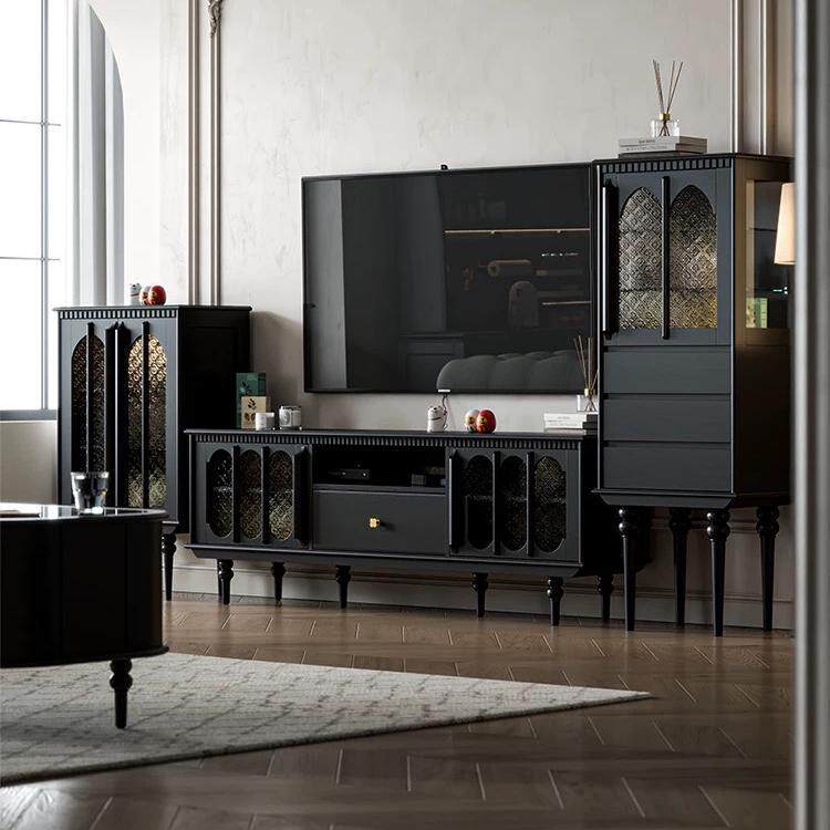 法式黑油白色轻奢感全实木落地电视柜茶几组合小户型客厅家用