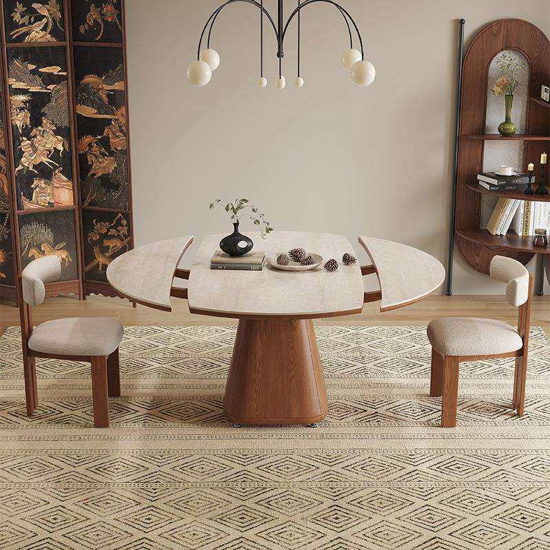 实木方变圆两用洞石岩板伸缩餐桌现代简约家用小户型可折叠餐桌椅