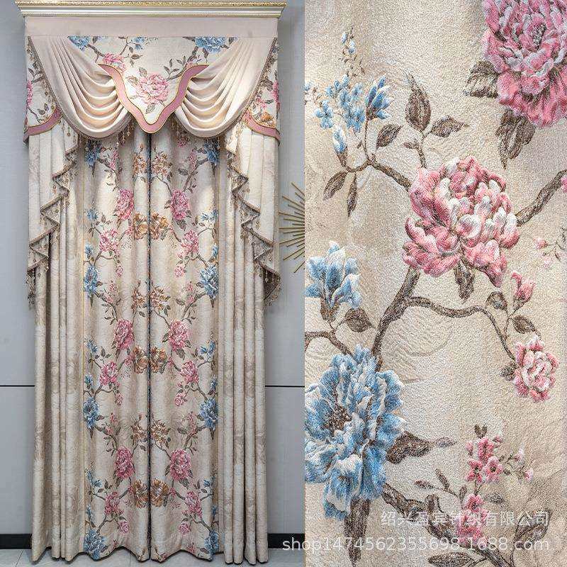 柯桥窗帘厂家直销遮光窗帘成品法式轻奢高精密4D大浮雕窗帘提花布
