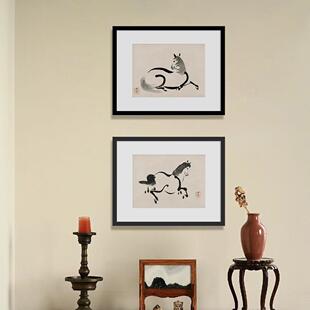 现代简约风黑白水墨新中式马图案装饰画小众民宿中古组合挂画壁画