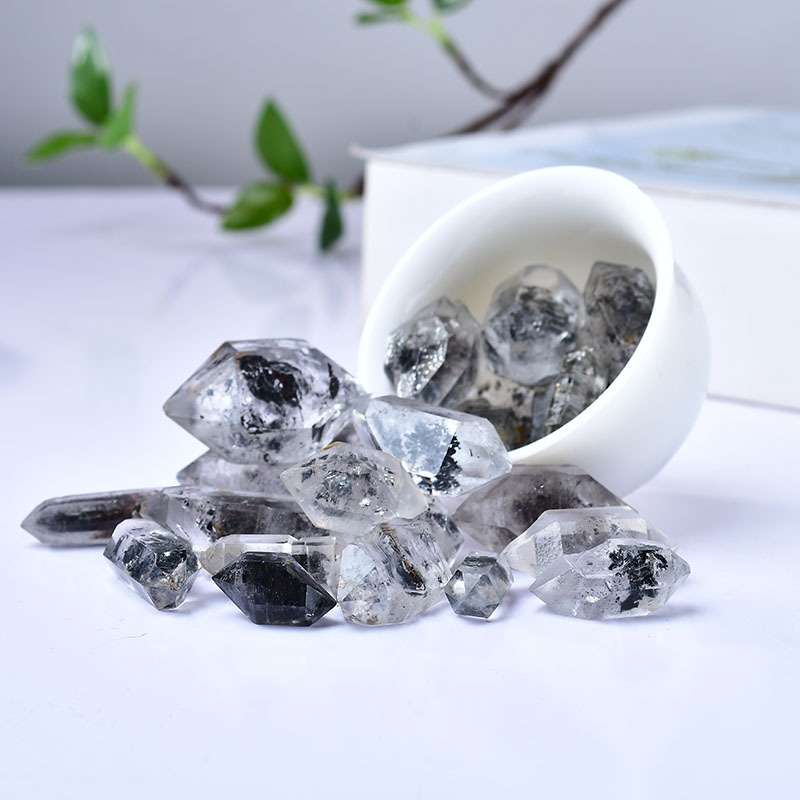 厂家现货供应天然黑糖心闪灵钻双尖黑幽灵黑流沙水晶原石把玩装饰