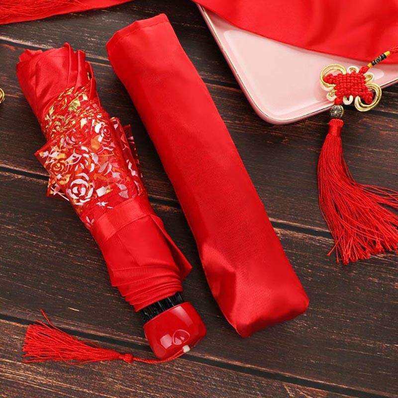 折叠婚伞结婚新娘出嫁红色蕾丝中式雨伞陪嫁婚庆婚礼出门喜伞其它