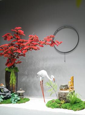 仿真红色松树景观带花瓶假太湖石绿植造景室内角落橱窗天井景观